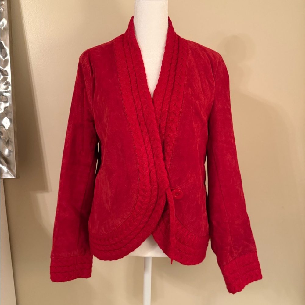 Coldwater Creek Red 100% Leather Jacket Button Loop Closure Crotchet